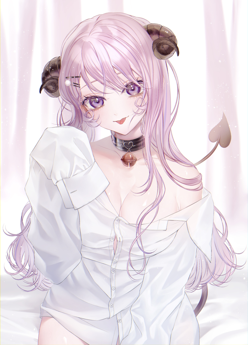 1girl, :p, absurdres, aegyo_sal, bell, black_choker, black_horns, black_tail