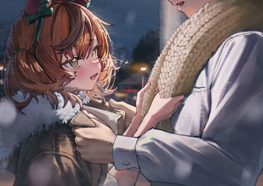 1boy, 1girl, animal_ears, betanonbeet, blush, brown_hair, brown_jacket, brown_scarf, ear_covers, from_side, fur_collar, hair_between_eyes, highres, horse_ears, horse_girl, jacket, knit_scarf, looking_at_another, nice_nature_(umamusume), night, open_mouth, scarf, shirt, short_hair, trainer_(umamusume), two_side_up, umamusume, upper_body, white_shirt