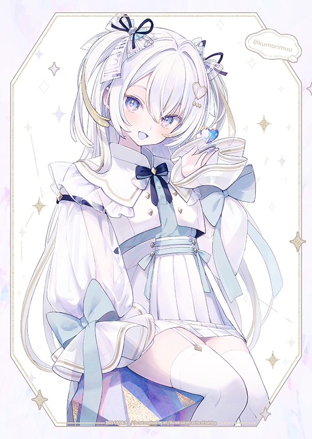 armlet, black_armlet, black_ribbon, blonde_hair, blue_bow, blue_ribbon, blue_shirt, border