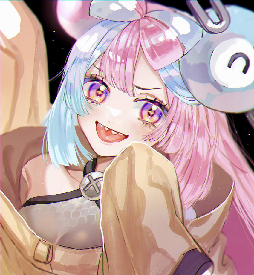 +_+, 1girl, :d, aegyo_sal, bare_shoulders, black_background, blue_hair, bow-shaped_hair