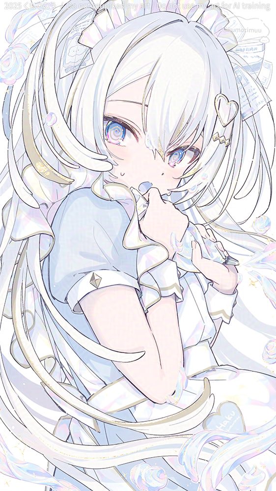 :o, @_@, apron, blonde_hair, blue_dress, blue_eyes, colored_mouth, cream, diamond_hair_ornament, dress, frilled_apron, frilled_headwear, frilled_straps, frills, gold_trim, hair_intakes, hair_ornament, haku_(kumorimuu), heart, heart_hair_ornament, holding, holding_pastry_bag, iridescent, iridescent_apron, iridescent_hair, iridescent_headdress, kumorimuu, long_hair, maid, maid_apron, maid_headdress, multicolored_eyes, multicolored_hair, open_mouth, original, pastry_bag, pink_eyes, puffy_short_sleeves, puffy_sleeves, short_sleeves, simple_background, streaked_hair, sweat, twitter_username, two-tone_eyes, two-tone_hair, two_side_up, upper_body, very_long_hair, white_background, white_hair, white_wrist_cuffs, wrist_cuffs