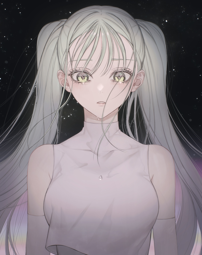 1girl, absurdres, aegyo_sal, arms_at_sides, bare_shoulders, black_background, breasts, colored_eyelashes