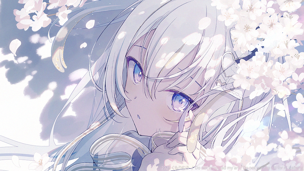 1girl, black_ribbon, blonde_hair, blue_eyes, cherry_blossoms, close-up, collar, diamond_hair_ornament