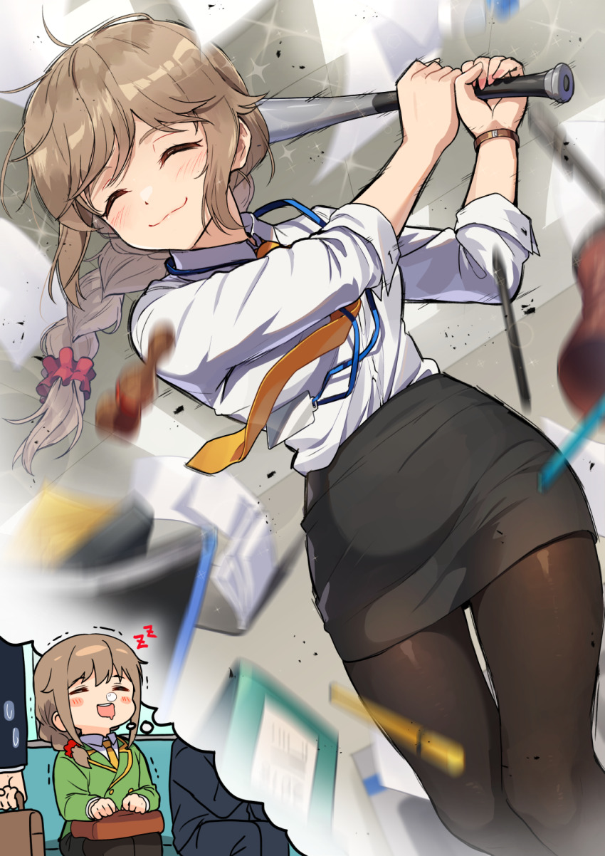 1boy, 1girl, :3, ^_^, baseball_bat, black_pantyhose, black_skirt, blazer