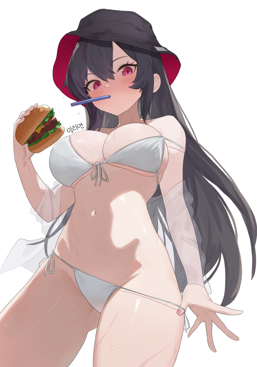 1girl, absurdres, bare_shoulders, bikini, bikini_bottom_pull, bikini_pull, black_hair, black_hat