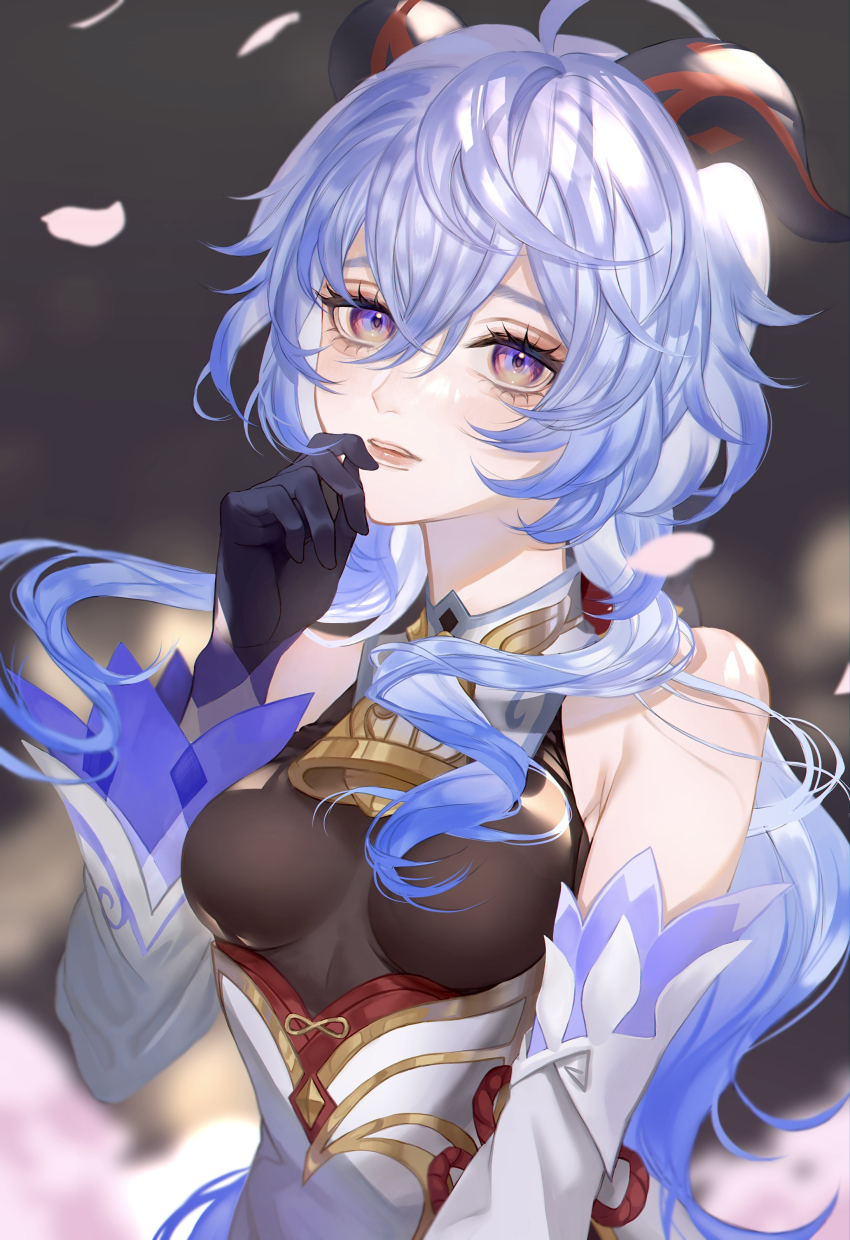 1girl, absurdres, aegyo_sal, ahoge, bare_shoulders, black_gloves, black_horns, black_shirt, blue_hair, blurry, blurry_background, breasts, commentary_request, crossed_bangs, detached_sleeves, double-parted_bangs, eyebrows_hidden_by_hair, falling_petals, flower, frilled_sleeves, frills, ganyu_(genshin_impact), genshin_impact, gloves, gold_trim, gradient_eyes, grey_background, hair_between_eyes, hand_on_own_chin, hand_up, highres, horns, lips, long_hair, long_sleeves, looking_at_viewer, medium_breasts, multicolored_eyes, multicolored_horns, oguraazuki186, open_mouth, pale_skin, petals, pink_flower, pink_petals, purple_eyes, purple_sleeves, raised_eyebrows, red_horns, shirt, sidelocks, simple_background, sleeveless, sleeveless_shirt, solo, teeth, two-tone_eyes, two-tone_horns, two-tone_sleeves, upper_body, upper_teeth_only, very_long_hair, wavy_hair, white_sleeves, yellow_eyes