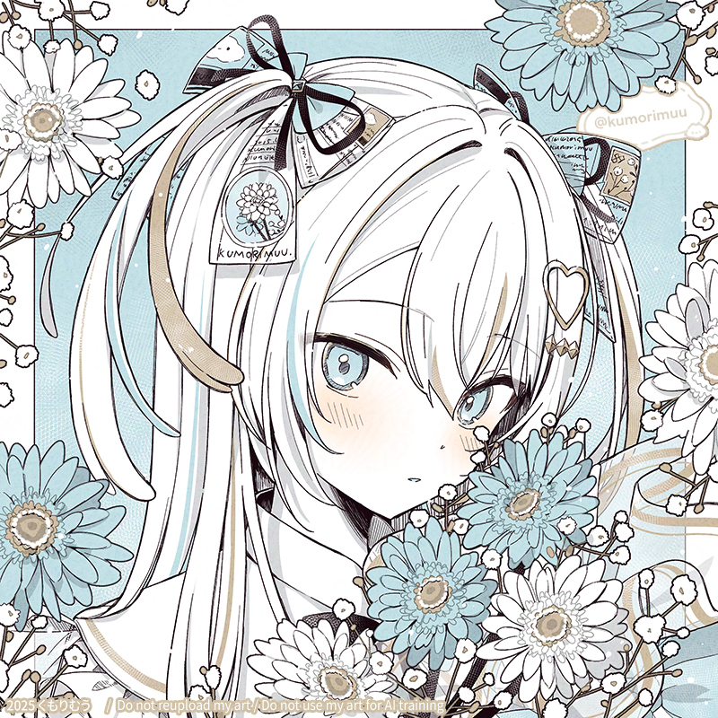 alternate_eye_color, black_bow, black_bowtie, black_ribbon, blonde_hair, blue_background, blue_bow, blue_eyes