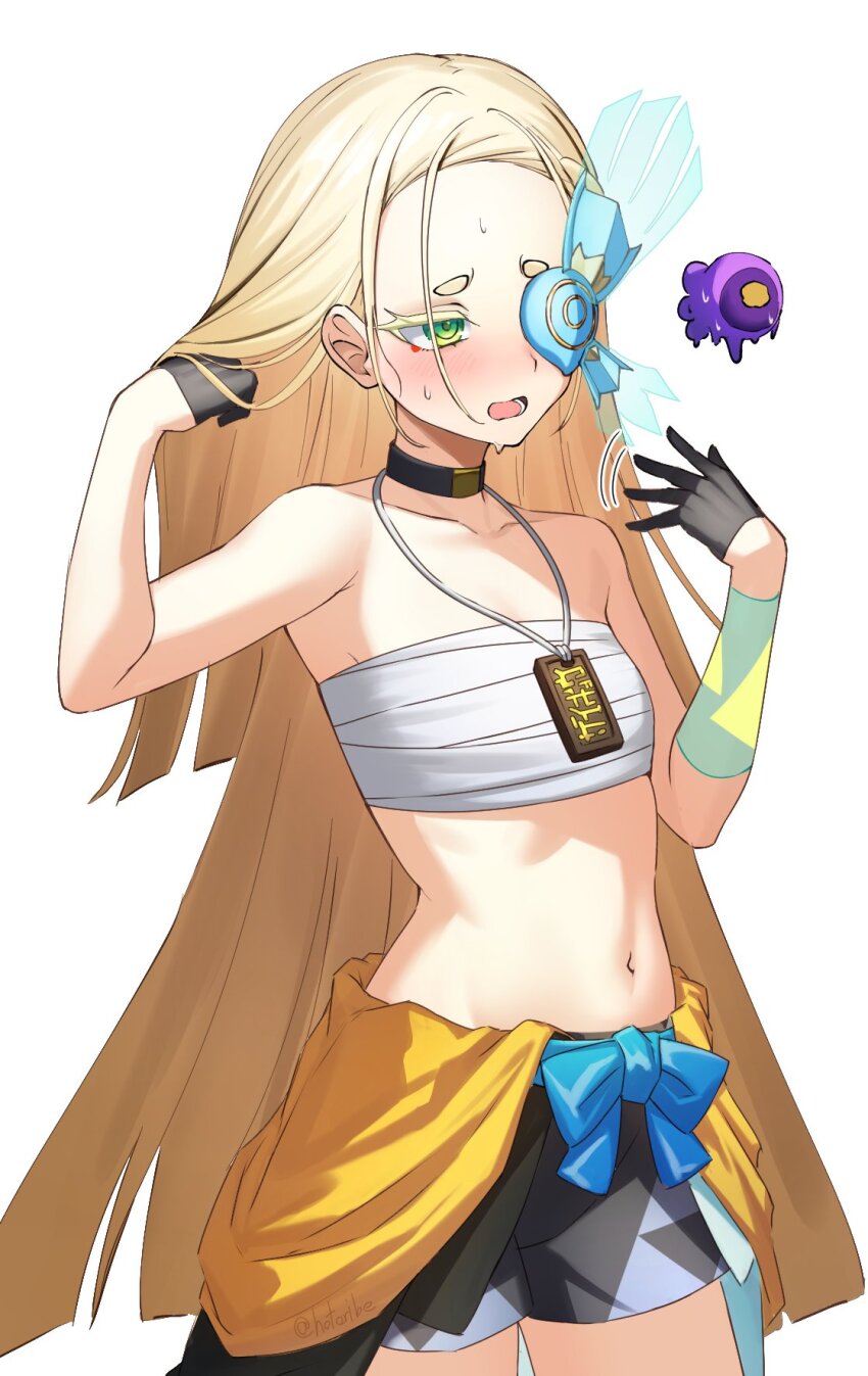 1girl, agibe, black_gloves, black_shorts, blonde_hair, blush, breasts, chest_sarashi, collarbone, duel_monster, gloves, green_eyes, highres, hot, long_hair, multicolored_hair, navel, noh-p.u.n.k_rising_scale, sarashi, shorts, simple_background, small_breasts, solo, stomach, sweat, swimsuit, two-tone_hair, very_long_hair, white_background, yu-gi-oh!