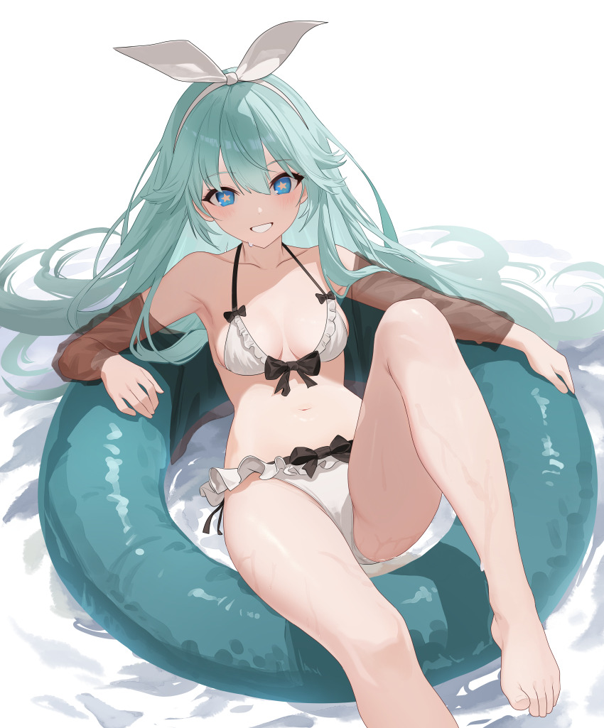 1girl, absurdres, aqua_hair, armpits, bare_legs, bare_shoulders, barefoot, bikini