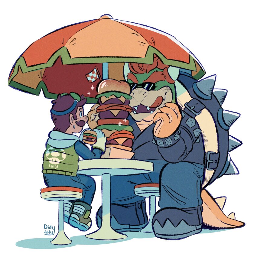 2boys, absurdres, armlet, artist_name, black_jacket, bowser, bowser_(biker), bracelet