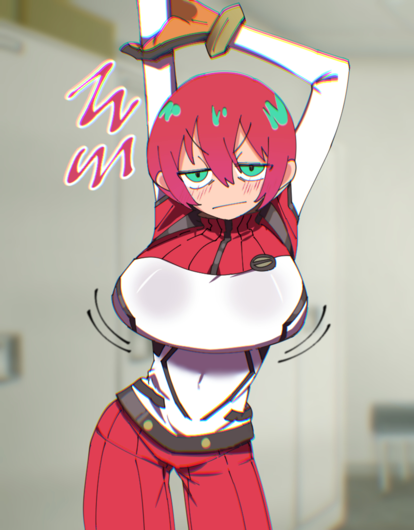 1girl, amate_yuzuriha, arms_up, blurry, blurry_background, blush, breasts, closed_mouth, covered_navel, gloves, gundam, gundam_gquuuuuux, hair_between_eyes, half-closed_eyes, huge_breasts, indoors, isogai_yuuji, jitome, locker, locker_room, looking_at_viewer, mecha_pilot_suit, no_nose, pants, red_hair, red_pants, short_hair, solo, stretching, yellow_gloves