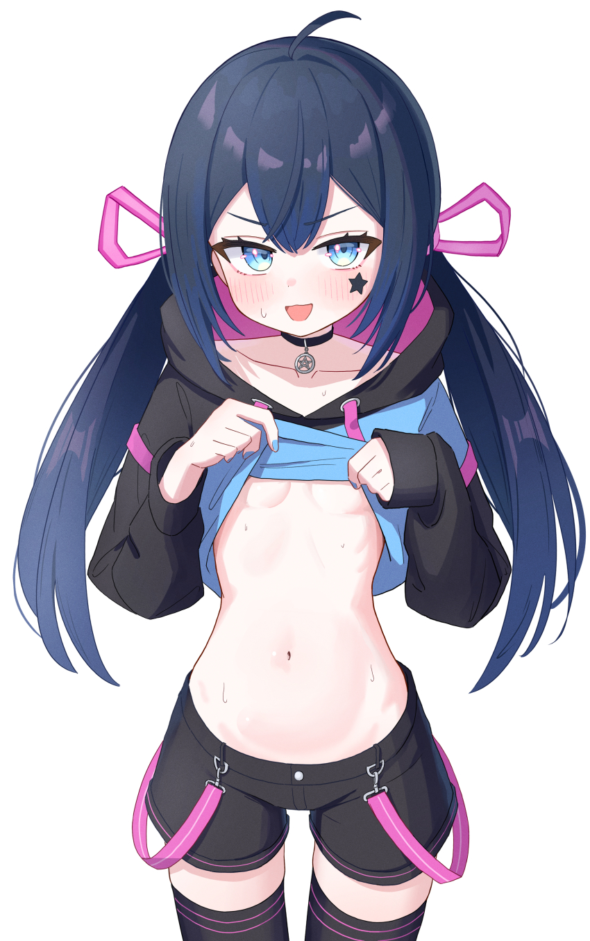 1girl, absurdres, ahoge, black_choker, black_hoodie, black_shorts, black_thighhighs, blue_eyes
