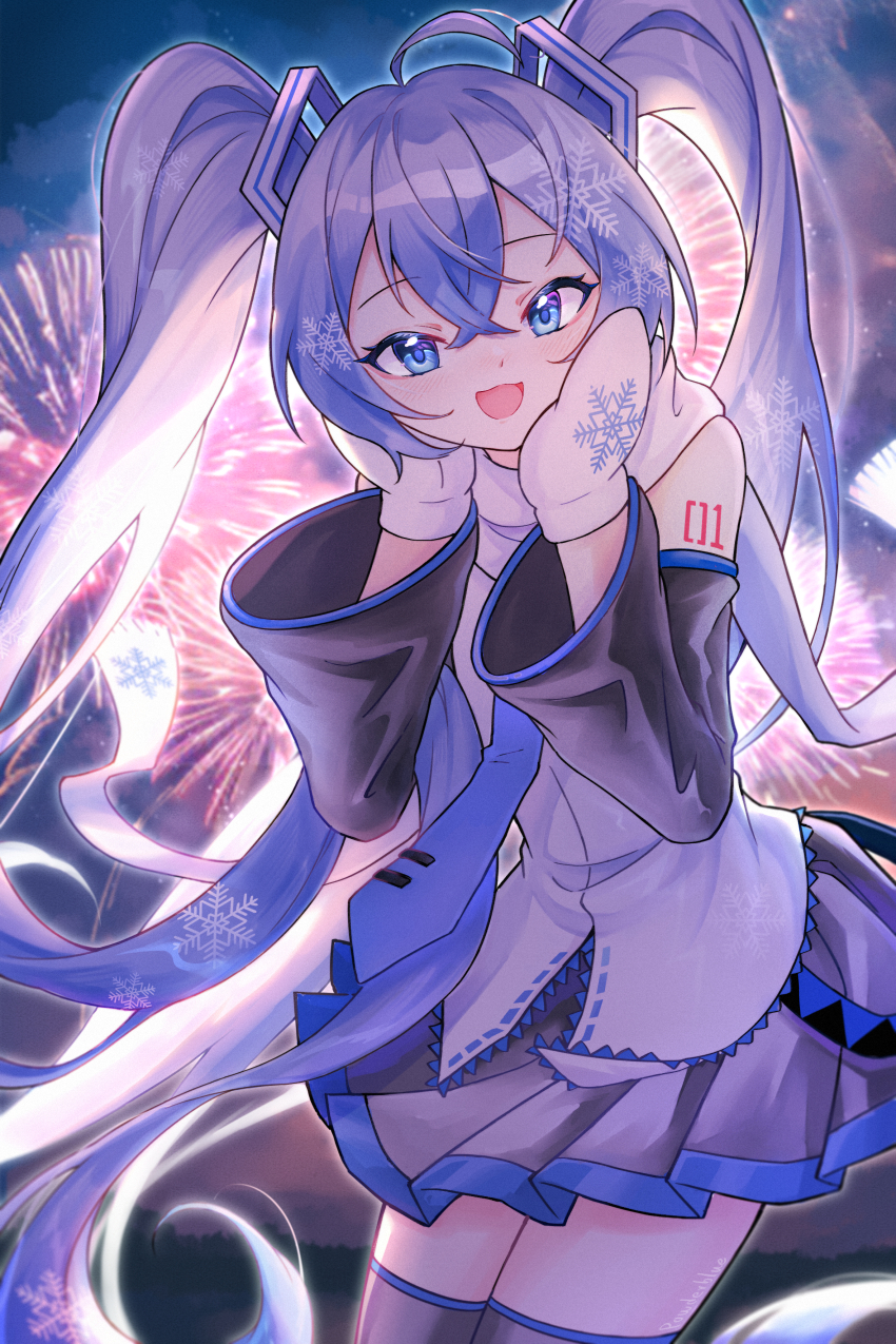 1girl, absurdres, aerial_fireworks, ahoge, aqua_eyes, aqua_hair, aqua_trim, black_skirt