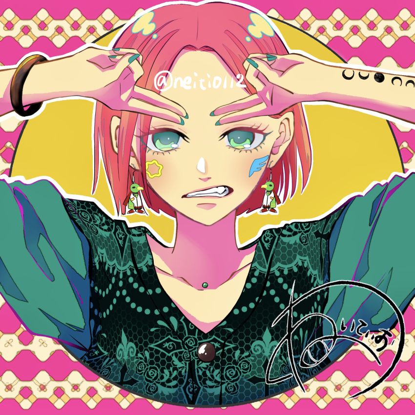 artist_name, bird_earrings, bracelet, clenched_teeth, facepaint, facial_mark, gen_2_pokemon, green_eyes