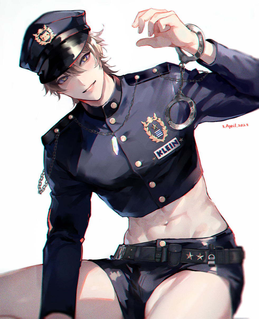 1boy, abs, belt, bishounen, black_belt, black_hat, black_jacket, black_shorts, blush, brown_eyes, brown_hair, buttons, chromatic_aberration, crop_top, cropped_jacket, cropped_shirt, crystal_necklace, cuffs, dated, eiden_(armyxbloodxoath)_(nu_carnival), eiden_(nu_carnival), hair_between_eyes, hand_up, handcuffs, hat, highres, jacket, jewelry, long_sleeves, looking_at_viewer, male_focus, midriff, navel, necklace, nu_carnival, official_alternate_costume, owner_bird, parted_lips, police, police_hat, police_uniform, short_hair, short_shorts, shorts, simple_background, sitting, smile, solo, thighs, toned, toned_male, white_background