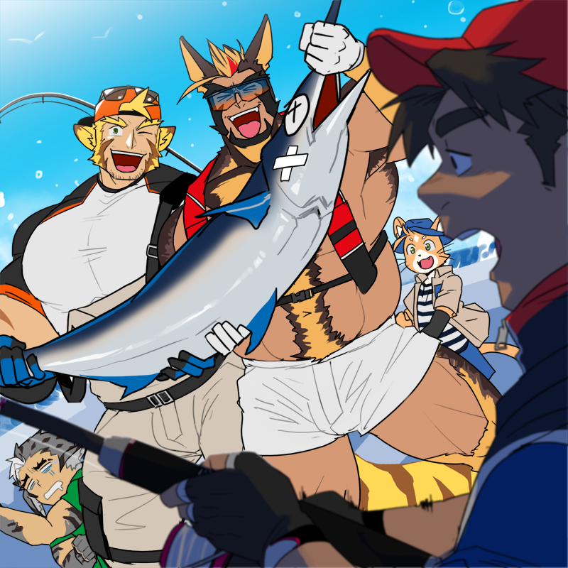 5boys, absol_(dkqthf), another_eidos-r, bara, baseball_cap, beard, blonde_hair, cape, charlotte_(another_eidos), commentary_request, copyright_request, facial_hair, fish, fishing_rod, full_beard, hat, jacket, lute_(another_eidos), multiple_boys, ocean, pugi_(another_eidos), rod, shirt, short_shorts, shorts, sunglasses, swordfish, walther_(another_eidos), white_shirt