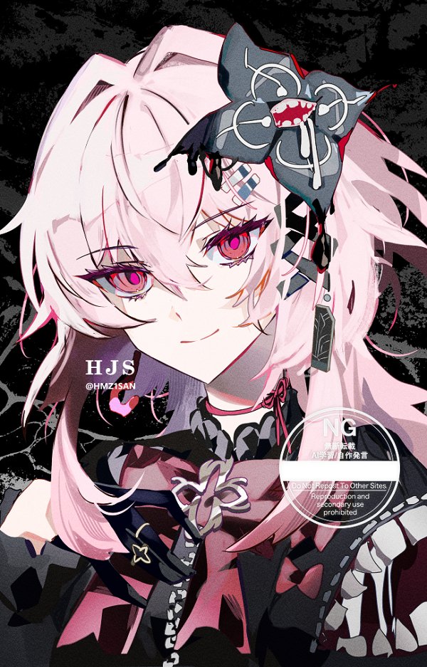 1girl, black_background, black_gloves, black_shirt, bow, bowtie, closed_mouth, commentary