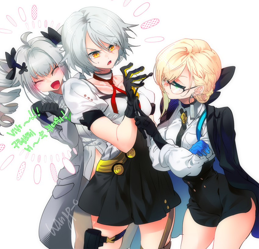 3girls, artist_name, asymmetrical_gloves, black_gloves, black_necktie, blue_gloves, blush, closed_eyes