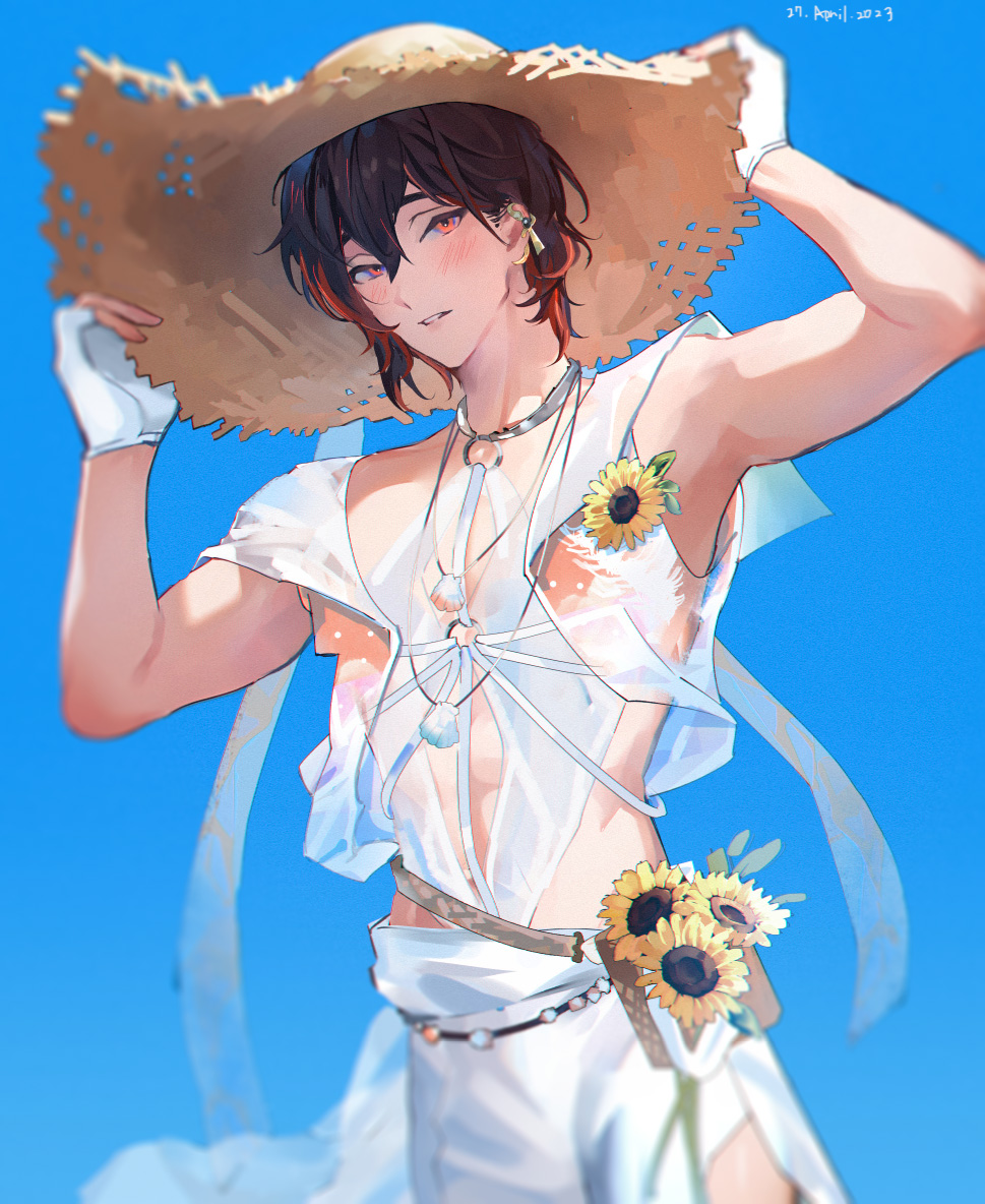 1boy, adjusting_clothes, adjusting_headwear, arms_up, bare_arms, belt, black_hair, blue_background