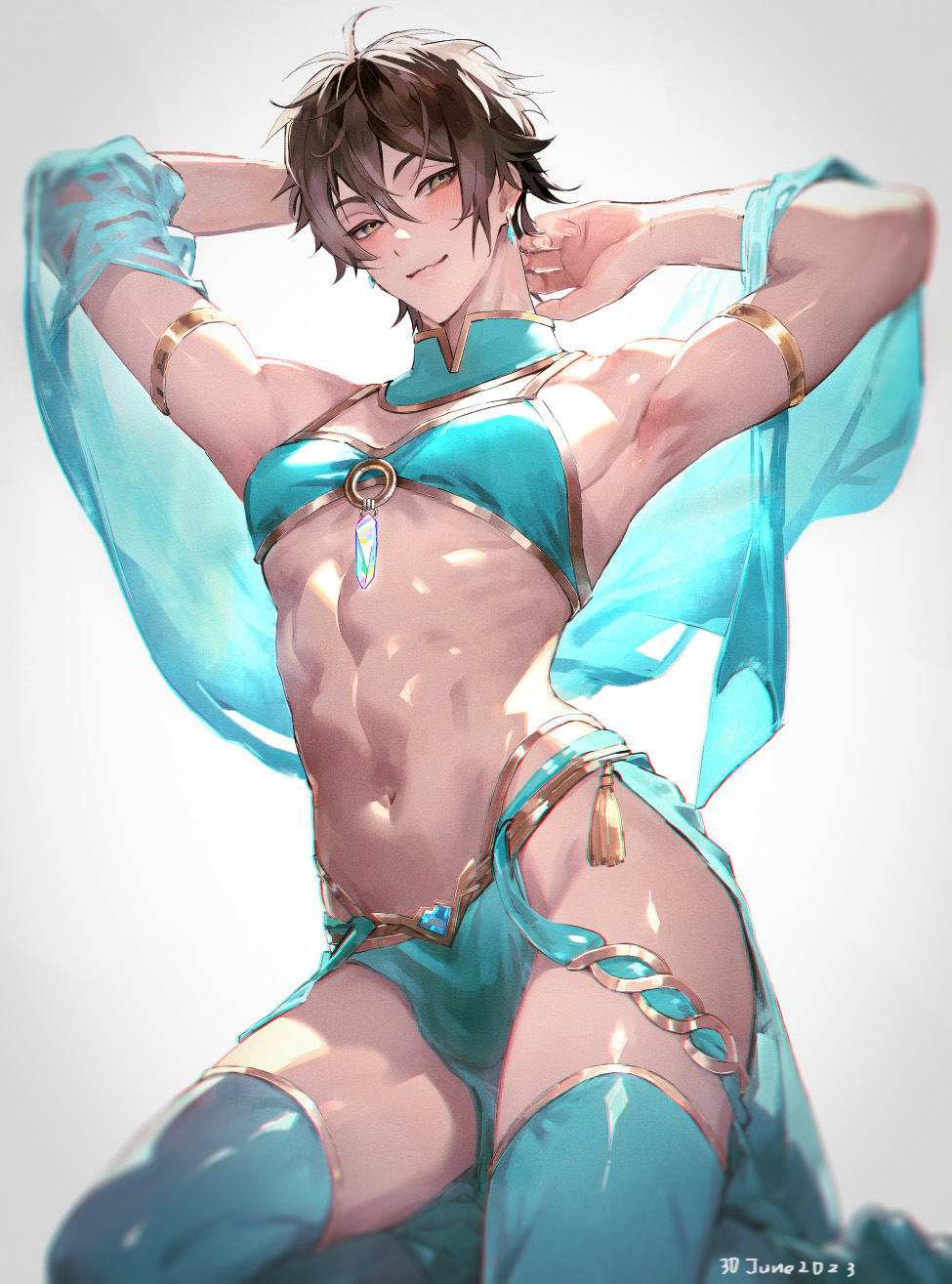 1boy, abs, alternate_costume, antenna_hair, arabian_clothes, armlet, armpits, arms_behind_head, arms_up, bare_shoulders, blue_bra, blue_collar, blue_gem, blue_panties, blue_shawl, blue_thighhighs, blush, bra, brown_eyes, brown_hair, bulge, closed_mouth, collar, crossdressing, crossdressing_(mtf), dancer, dated, detached_collar, earrings, eiden_(nu_carnival), gem, hair_between_eyes, harem_outfit, highres, jewelry, kneeling, looking_at_viewer, male_focus, midriff, navel, nu_carnival, o-ring, o-ring_top, owner_bird, panties, pectorals, pelvic_curtain, pendant, see-through_clothes, shawl, short_hair, simple_background, smile, solo, stomach, tassel, thighhighs, toned, toned_male, trap, twitter_username, underwear, white_background