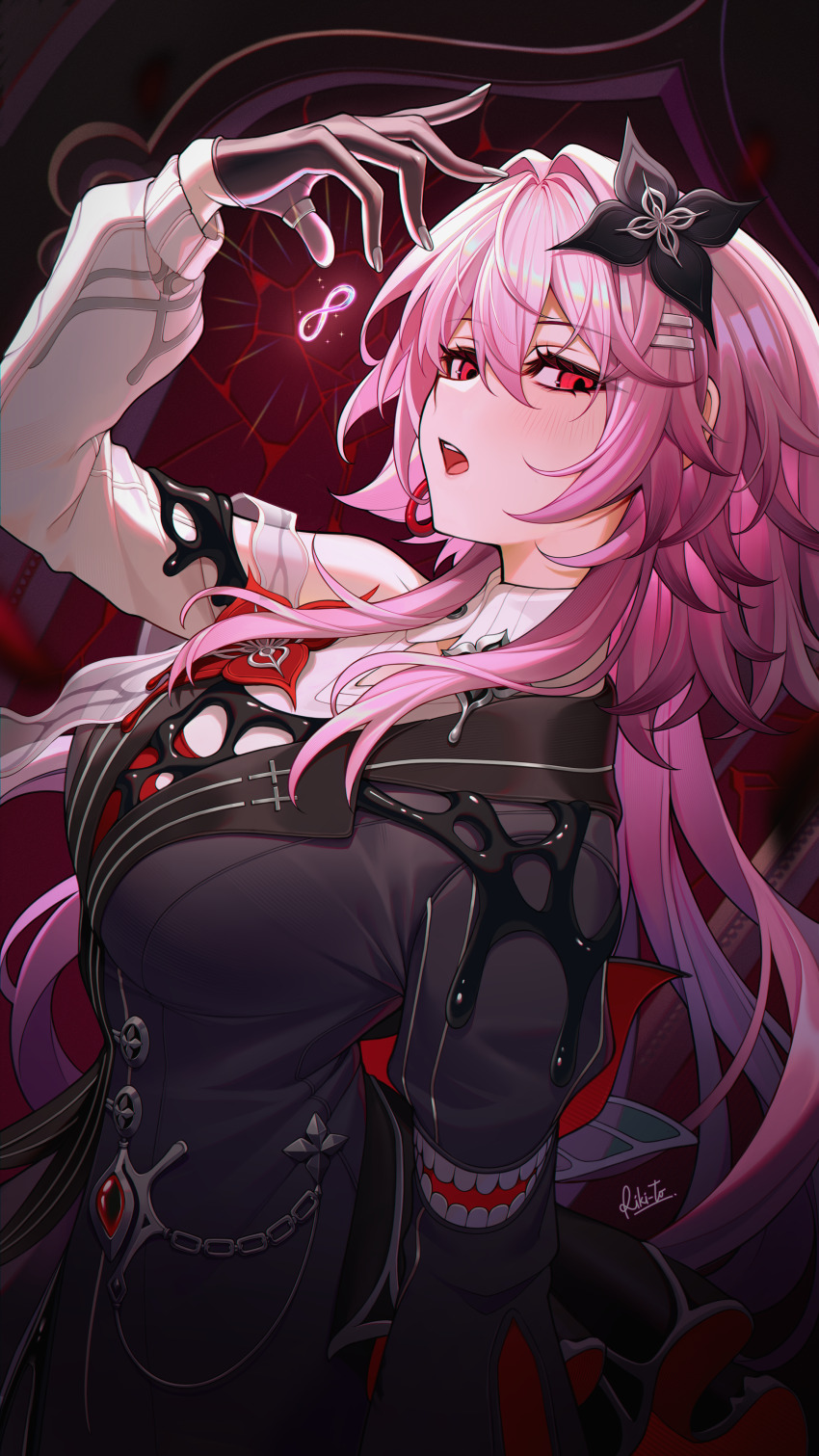 1girl, absurdres, black_background, black_flower, black_gloves, black_jacket, breasts, evernight_(honkai:_star_rail)