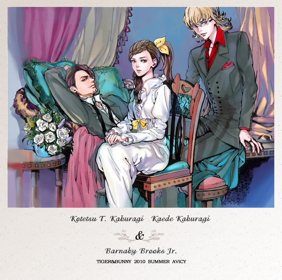 10s, 1girl, 2boys, age_difference, aged_up, avicy, barnaby_brooks_jr., blonde_hair, bow, braid, braided_bangs, brown_eyes, brown_hair, facial_hair, family, father_and_child, father_and_daughter, flower, formal_clothes, glasses, green_eyes, jewelry, kaburagi_kaede, kaburagi_t._kotetsu, multiple_boys, necktie, parent_and_child, ring, rose, short_hair, siblings, side_ponytail, stubble, suit, tiger_&amp;_bunny, white_flower, white_rose