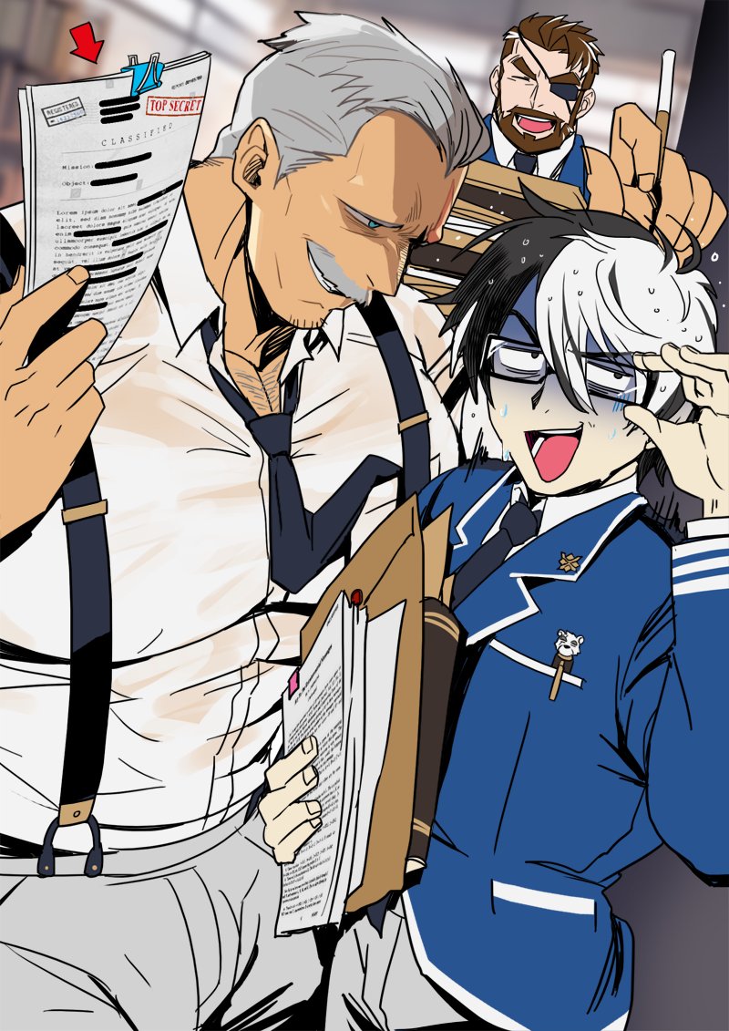 3boys, absol_(dkqthf), another_eidos-r, bara, bart_(another_eidos), beard, black_hair, black_necktie