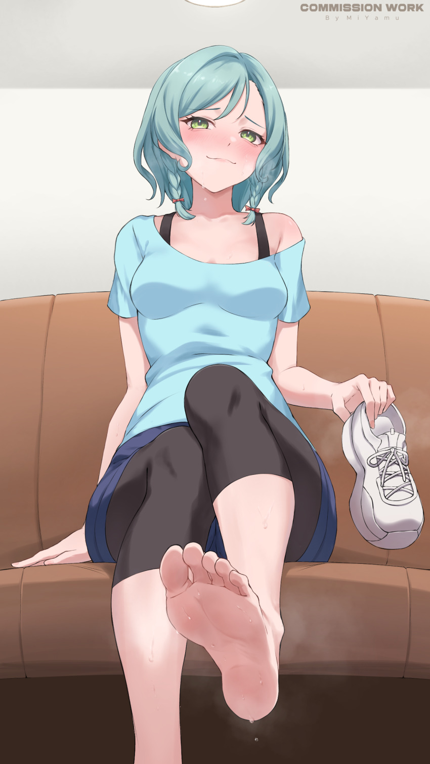 1girl, absurdres, bang_dream!, bang_dream!_girls_band_party!, barefoot, blue_hair, blush, couch