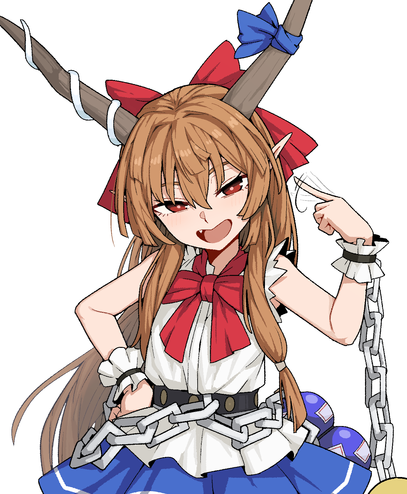 1girl, bare_shoulders, blue_skirt, blush, bow, bowtie, chain, cuckoo_gesture, fang, formicid, gourd, hair_between_eyes, hand_on_own_hip, hand_up, highres, horns, ibuki_suika, long_hair, looking_at_viewer, open_mouth, orange_hair, pointy_ears, red_bow, red_bowtie, red_eyes, shirt, skirt, sleeveless, sleeveless_shirt, smile, solo, touhou, very_long_hair, white_background, white_shirt, wrist_cuffs