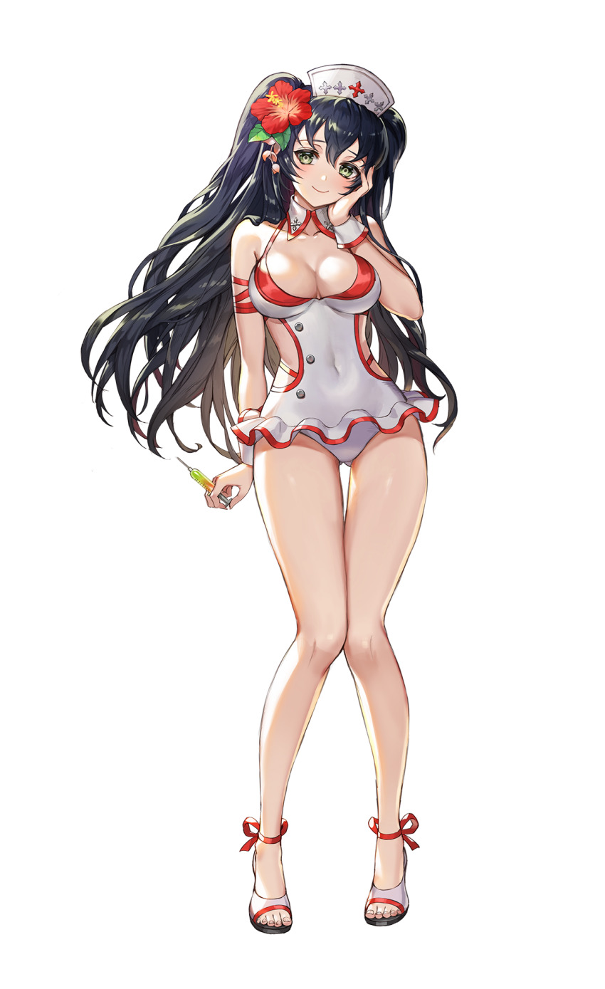 1girl, ankle_ribbon, artist_request, black_hair, breasts, cleavage, clothing_cutout, commentary
