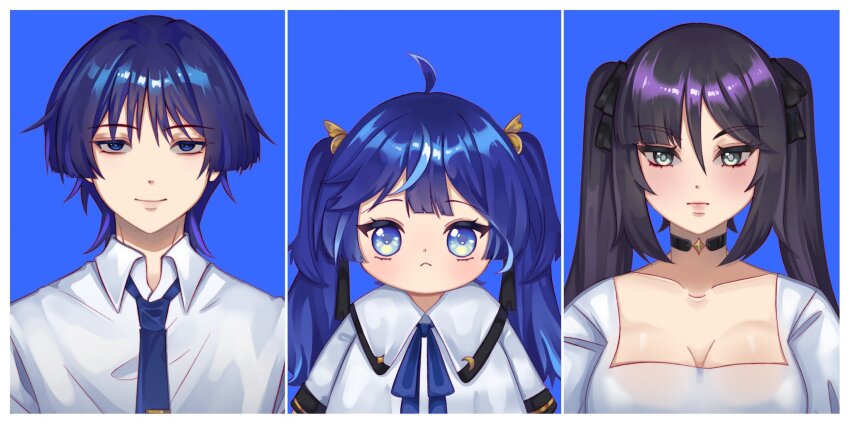 1boy, 2girls, :<, ahoge, alternate_costume, alternate_universe, aqua_eyes, arms_at_sides