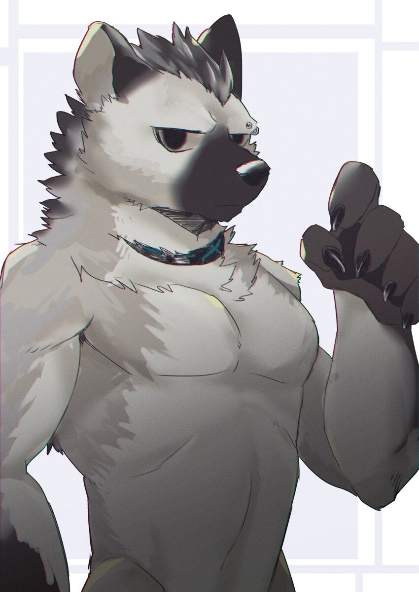 1boy, arknights, bare_pectorals, biceps, black_hair, claws, closed_mouth, collarbone, commentary, eyebrow_piercing, face_piercing, furry, furry_male, grey_fur, highres, hyena_boy, hyena_ears, infection_monitor_(arknights), looking_at_viewer, male_focus, nokkun_(nokia1124_a), pectorals, piercing, toned, toned_male, topless_male