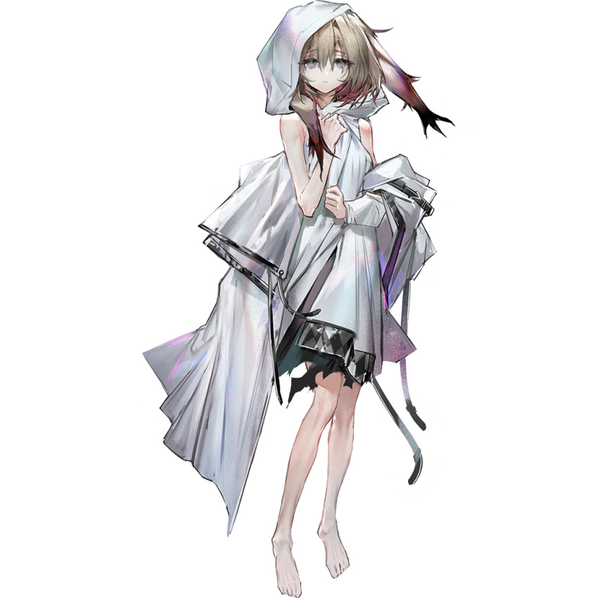 1girl, animal_ears, arknights, banban_(vvvviiiiiia), bare_shoulders, barefoot, blonde_hair, empty_eyes