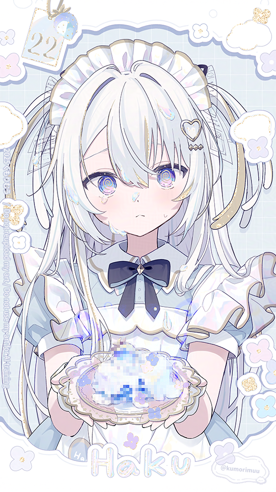 1girl, @_@, apron, black_bow, black_bowtie, black_ribbon, blonde_hair, blue_background, blue_dress, blue_eyes, bow, bowtie, cake, censored, censored_food, cloud, collared_dress, cream, cream_on_face, diamond_hair_ornament, double-parted_bangs, dress, flower, food, food_on_face, frilled_apron, frilled_headwear, frilled_straps, frills, frown, fruit, furrowed_brow, grid_background, hair_between_eyes, hair_intakes, hair_ornament, hair_ribbon, haku_(kumorimuu), heart, heart_hair_ornament, holding, holding_food, holding_plate, iridescent_clothes, iridescent, kumorimuu, long_hair, looking_at_viewer, maid, maid_apron, maid_headdress, multicolored_eyes, multicolored_hair, original, pink_eyes, plate, puffy_short_sleeves, puffy_sleeves, ribbon, sad, short_sleeves, solo, streaked_hair, tearing_up, twitter_username, two-tone_eyes, two-tone_hair, two_side_up, upper_body, very_long_hair, white_apron, white_dress, white_hair, white_headdress, white_wrist_cuffs, wrist_cuffs