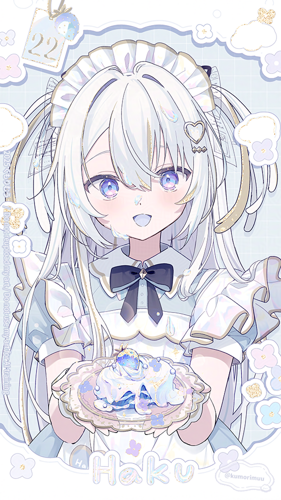 1girl, apron, black_bow, black_bowtie, black_ribbon, blonde_hair, blue_background, blue_dress