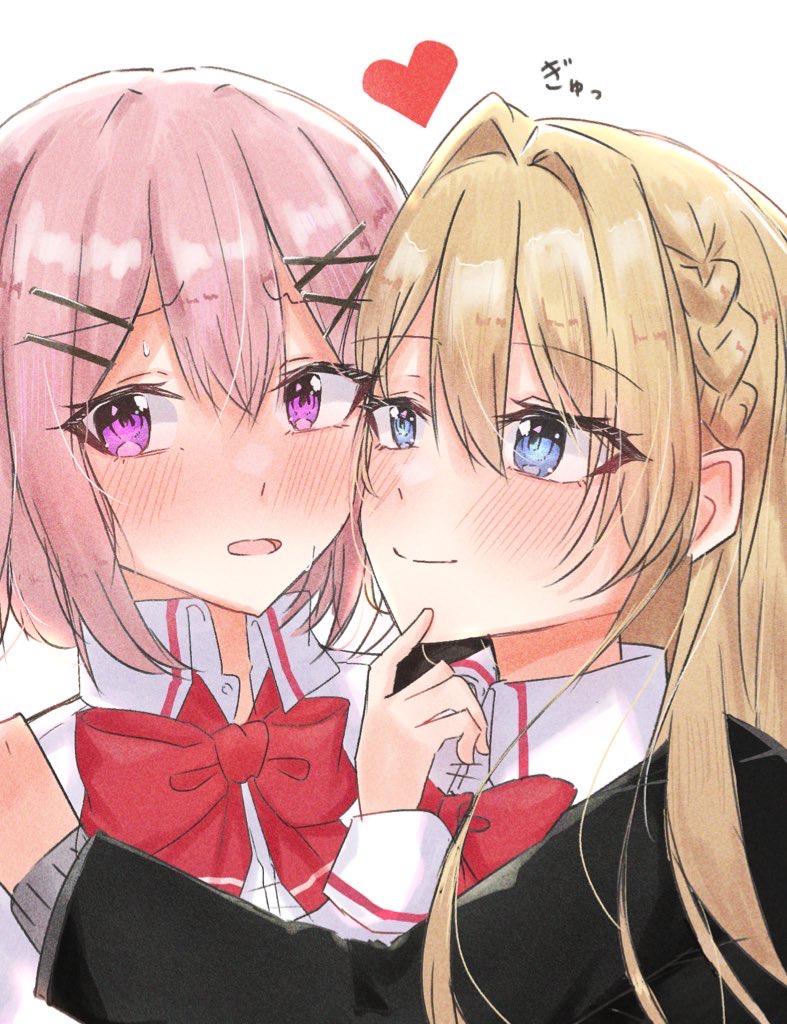 2girls, =_=, amaori_renako, aoie_(aoiestory0), ashigaya_high_school_uniform, black_jacket, blazer, blue_eyes, blush, bow, bowtie, braid, cheek-to-cheek, closed_mouth, collared_shirt, commentary_request, hair_intakes, hair_ornament, hairclip, heads_together, heart, hug, jacket, long_hair, long_sleeves, looking_at_another, looking_to_the_side, multiple_girls, open_mouth, ouzuka_mai, parallel_hairclips, pink_eyes, pink_hair, red_bow, red_bowtie, school_uniform, shirt, short_hair, side_braid, upper_body, watashi_ga_koibito_ni_nareru_wake_naijan_murimuri!, white_shirt, x_hair_ornament, yuri