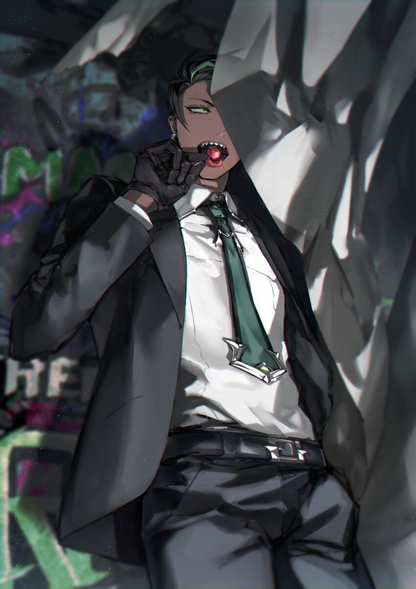1boy, absurdres, aragami_oga, aragami_oga_(3rd_costume), belt, belt_buckle, black_belt, black_gloves, black_hair, black_jacket, black_pants, black_suit, blurry, blurry_background, buckle, candy, collared_shirt, comb_over, cowboy_shot, curtains, dark-skinned_male, dark_skin, earrings, eating, facing_viewer, food, formal_clothes, gloves, graffiti, green_eyes, green_hair, green_necktie, hand_up, highres, holding, holding_candy, holding_food, holding_lollipop, holostars, horns, jacket, jewelry, lapels, lollipop, long_sleeves, male_focus, multicolored_hair, naizou_bug, necktie, notched_lapels, official_alternate_costume, one_eye_covered, open_clothes, open_jacket, open_mouth, pants, sharp_teeth, shirt, short_hair, sideways_glance, single_horn, solo, standing, streaked_hair, suit, teeth, virtual_youtuber, white_shirt