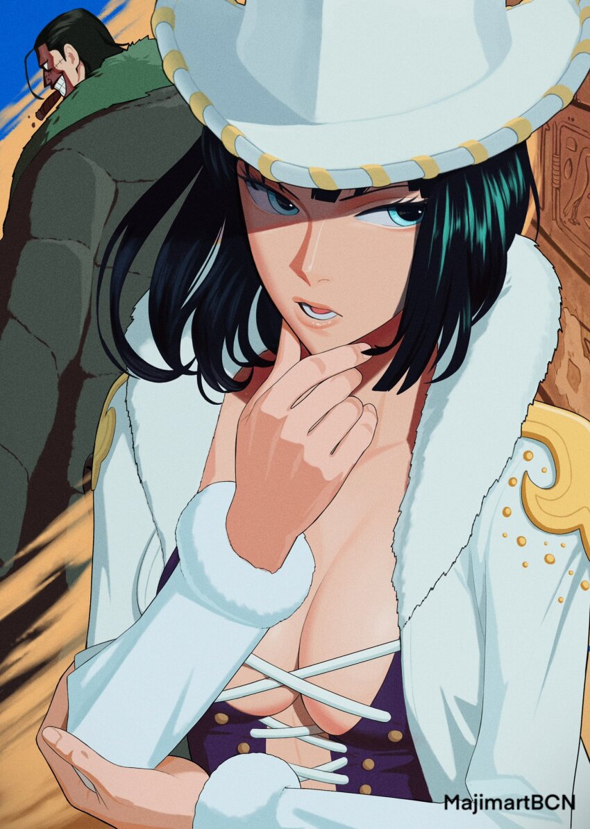 1boy, 1girl, 2025, artist_name, black_hair, blue_eyes, blue_sky, blunt_bangs, breasts, cleavage, coat, coat_on_shoulders, commentary, cowboy_hat, crocodile_(one_piece), cross-laced_clothes, cross-laced_top, evil_smile, fur-trimmed_coat, fur_trim, hair_slicked_back, hat, head_rest, hieroglyphics, highres, looking_to_the_side, lower_teeth_only, majimartbcn, medium_hair, nico_robin, nico_robin_(alabasta), one_piece, open_mouth, sand, sky, smile, stitched_face, stitches, teeth, thinking, white_coat