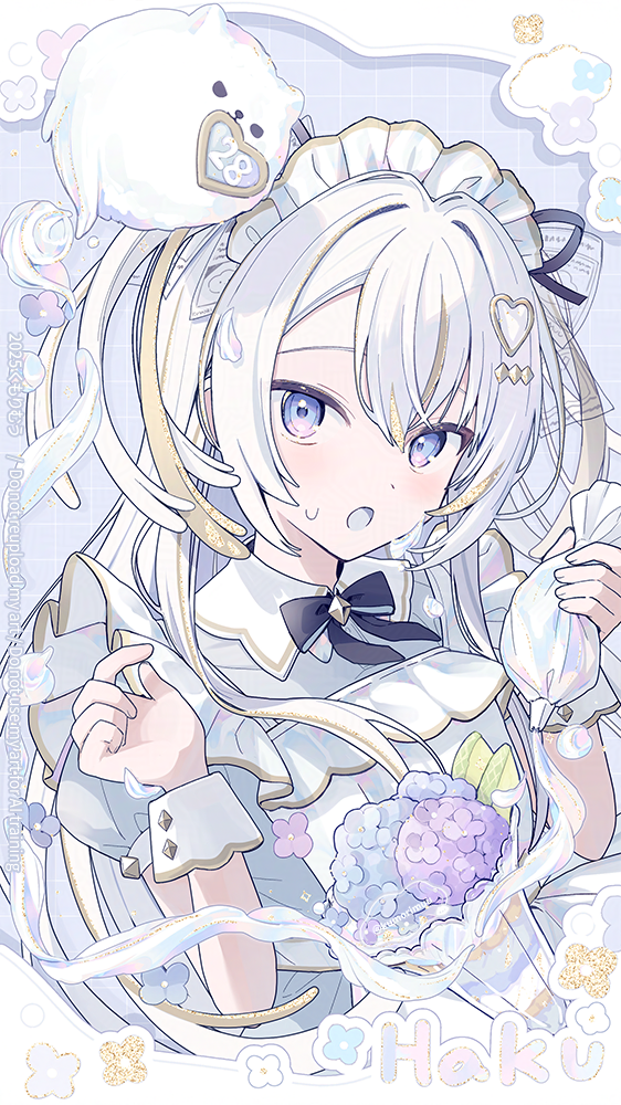 :o, apron, black_bow, black_bowtie, black_ribbon, blonde_hair, blue_background, blue_dress