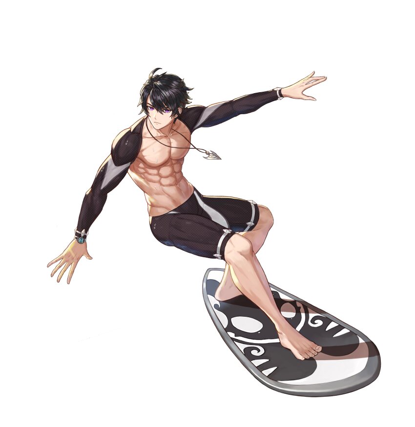 1boy, abs, absurdres, artist_request, black_hair, black_male_swimwear, commentary, commentary_request