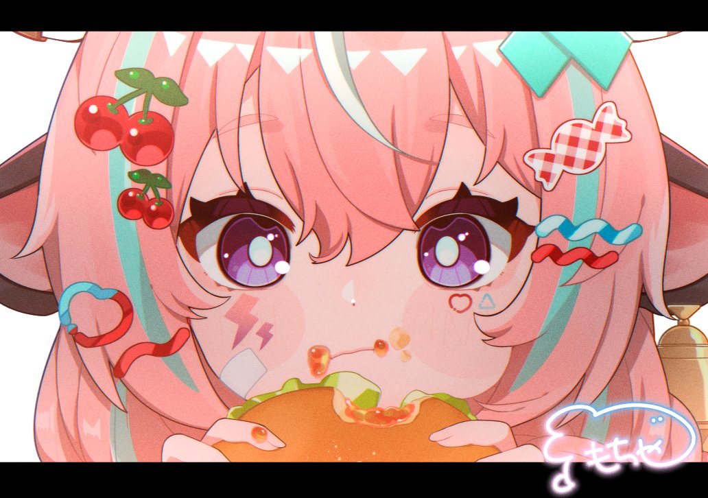1girl, animal_ears, blush_stickers, candy_hair_ornament, cherry_hair_ornament, close-up, cow_ears, ear_bell, eating, food, food-themed_hair_ornament, food_on_face, genshin_impact, hair_ornament, inui_hinamochi, letterboxed, pink_hair, purple_eyes, signature, varesa_(genshin_impact)