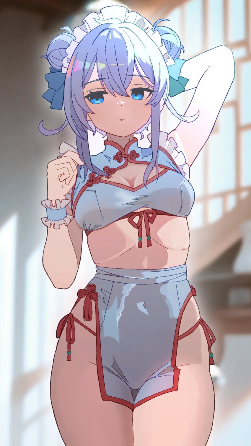 1girl, :t, absurdres, blue_dress, blue_eyes, blue_hair, breasts, china_dress