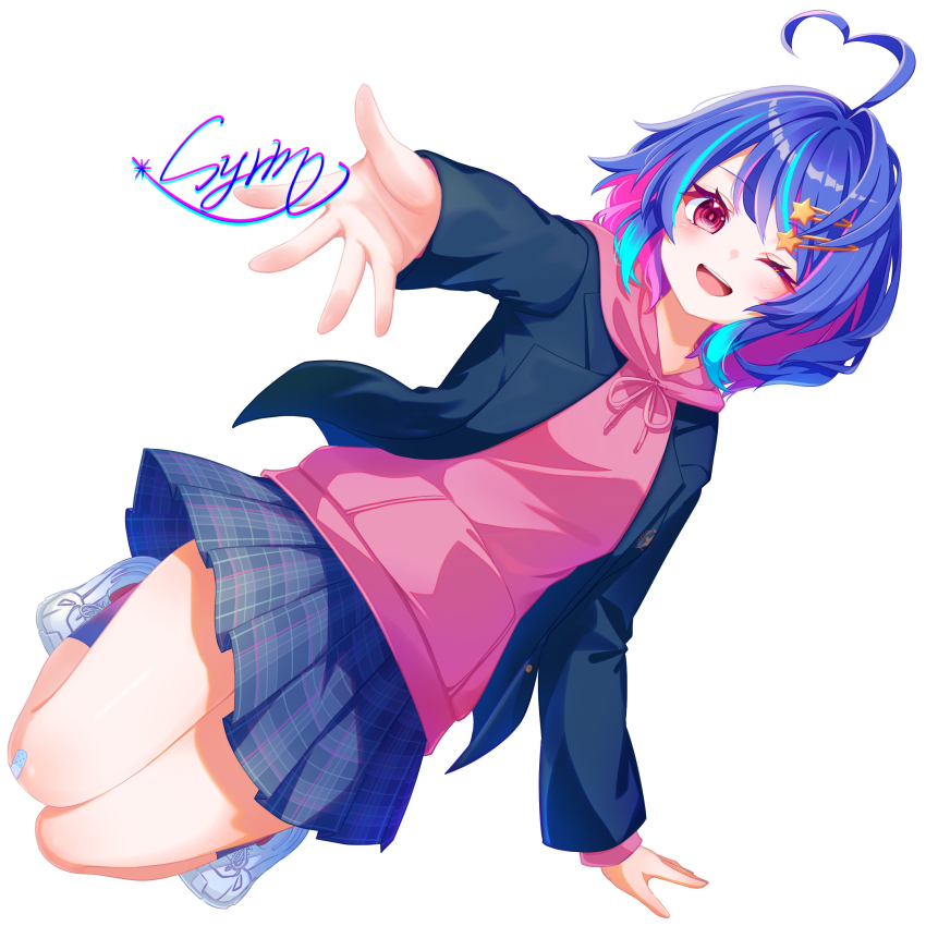 1girl, ;d, absurdres, ahoge, alive_musix, bandaid, bandaid_on_knee, bandaid_on_leg