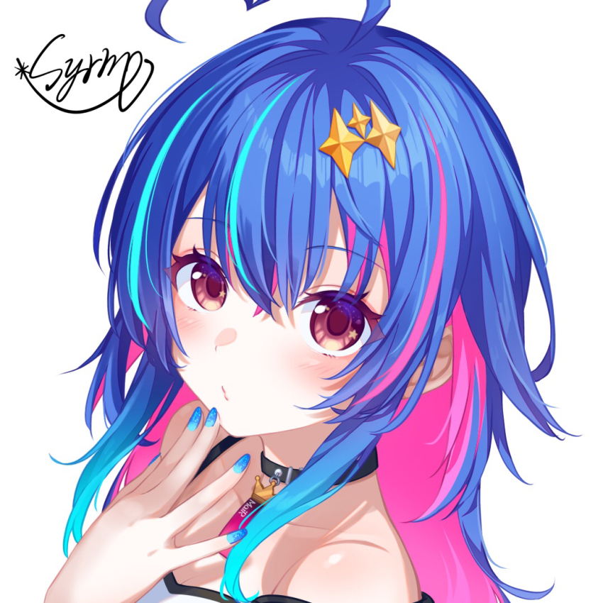 1girl, ahoge, alive_musix, bare_shoulders, black_choker, blue_hair, choker, closed_mouth