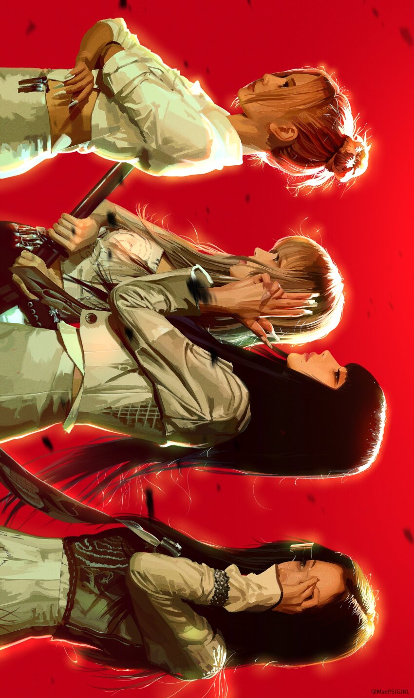 4girls, absurdres, aespa, black_hair, blunt_bangs, brown_hair, crossed_arms, fake_nails