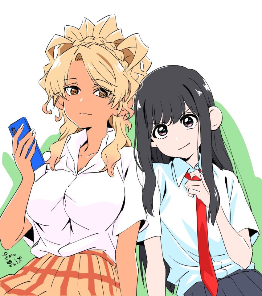 2girls, black_hair, brown_eyes, collared_shirt, dark-skinned_female, dark_skin, ending_celebration, food_court_de_mata_ashita, gyaru, highres, holding, holding_phone, long_hair, looking_at_viewer, multiple_girls, necktie, official_art, phone, pleated_skirt, red_necktie, school_uniform, shirt, short_sleeves, simple_background, sitting, skirt, smile, wada_(food_court), white_shirt, yamamoto_(food_court)