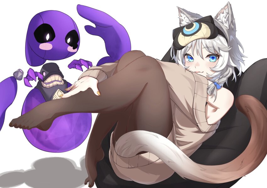 1girl, animal_ears, black_pantyhose, blue_eyes, brown_sweater, cat_ears, cat_girl, cat_tail