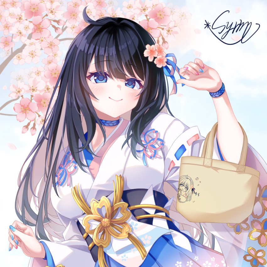 1girl, ahoge, bag, black_hair, black_sash, blue_eyes, blue_hakama, blue_nails, blue_ribbon, blush, breasts, cherry_blossoms, closed_mouth, commentary_request, flower, flower_in_eye, flower_knot, hair_flower, hair_intakes, hair_ornament, hair_ribbon, hakama, hakama_skirt, hand_up, holding, holding_bag, indie_virtual_youtuber, japanese_clothes, kimono, large_breasts, long_hair, long_sleeves, looking_at_viewer, multicolored_nails, nail_polish, obi, otosaki_rita, pink_nails, ribbon, ribbon-trimmed_sleeves, ribbon_trim, sash, signature, skirt, smile, solo, symbol_in_eye, two-tone_nails, upper_body, virtual_youtuber, white_background, white_kimono, wide_sleeves, yunagi_(arukumaruta)