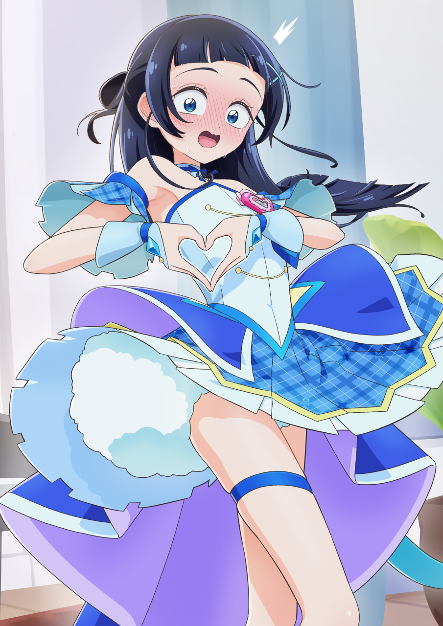 1girl, :d, ^^^, aokaze_nana, arched_bangs, armpits, bare_legs, bare_shoulders, blue_bow, blue_dress, blue_eyes, blue_hair, blue_wrist_cuffs, blush, bow, brooch, bubble_skirt, choker, collar, commentary, cosplay, cowboy_shot, cure_wink, cure_wink_(cosplay), curtains, detached_collar, detached_sleeves, dress, flustered, full-face_blush, hair_bun, hair_ornament, heart, heart_brooch, heart_hands, highres, idol_heart_brooch_(precure), indoors, jewelry, kimi_to_idol_precure, knee_up, long_hair, looking_at_viewer, magical_girl, nervous_smile, nervous_sweating, open_mouth, plaid_bow, plaid_clothes, plaid_dress, plaid_sleeves, pleated_dress, precure, raised_eyebrows, ribbon_choker, self_cosplay, single_hair_bun, skirt, smile, solo, standing, straight_hair, strapless, strapless_dress, sweat, untranslatable_commentary, thigh_strap, tiler_(tiler00), white_collar, wide-eyed, window, wrist_cuffs, x_hair_ornament