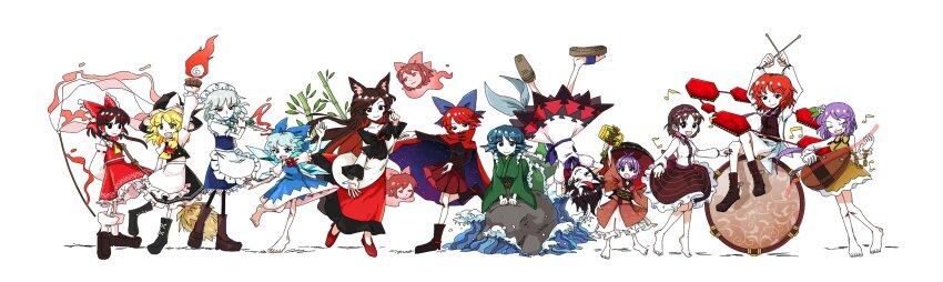 6+girls, absurdres, ahoge, animal_ears, antenna_hair, apron, aqua_hair, arms_behind_head